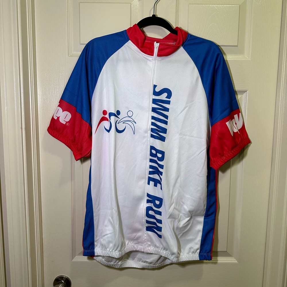 Cycling Jersey Shirt Hy Vee Triathlon 2013 Zip Up Size XXL Red White Blue